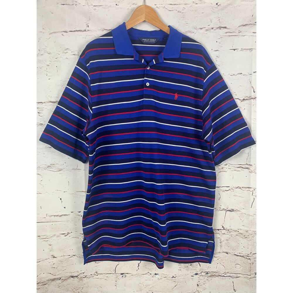 Polo Golf Ralph Lauren Mens L Blue Red White Stripe Short Sleeve 100% Pima